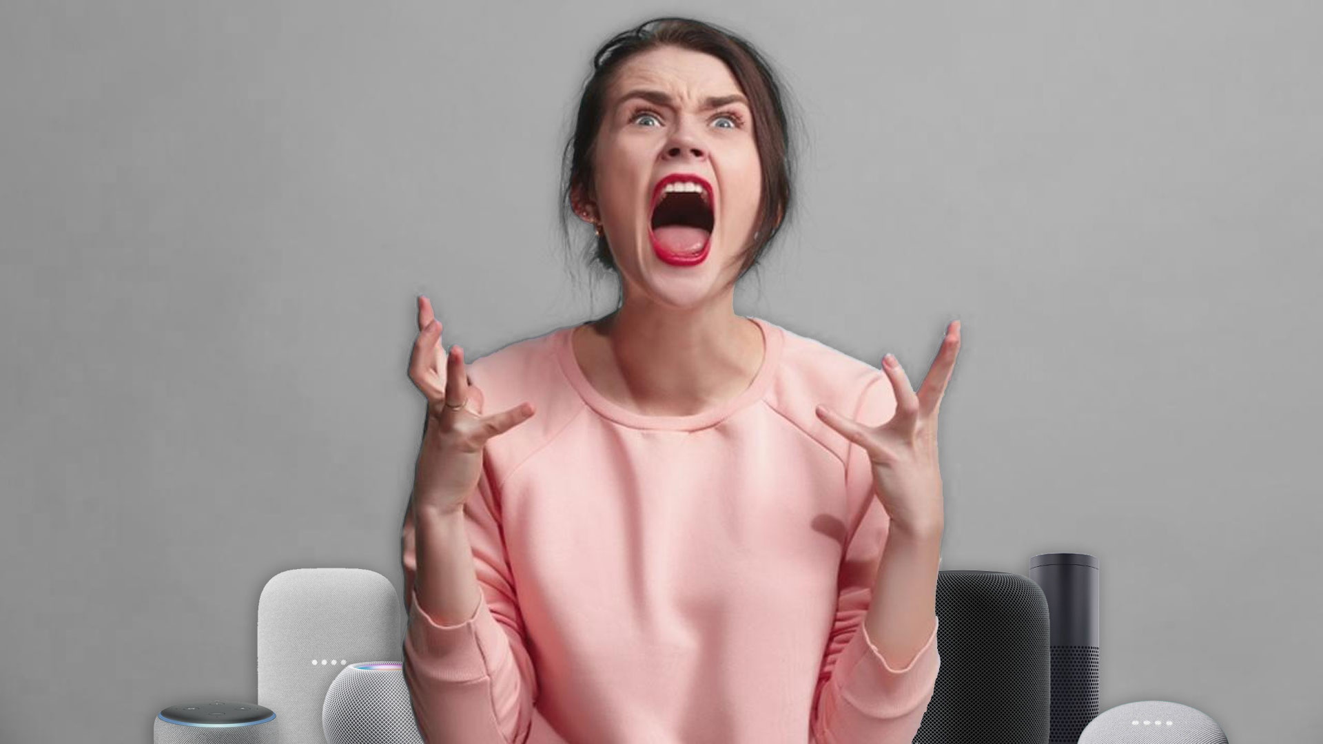 Woman screaming at smart speakers google home amazon echo apple homepod
