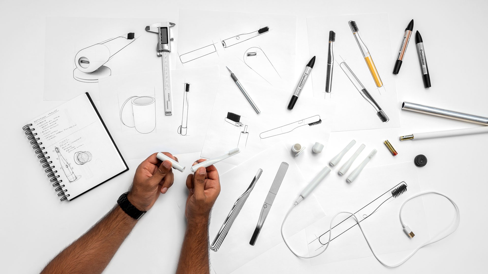 SKetches and models of Way electric toothbrush