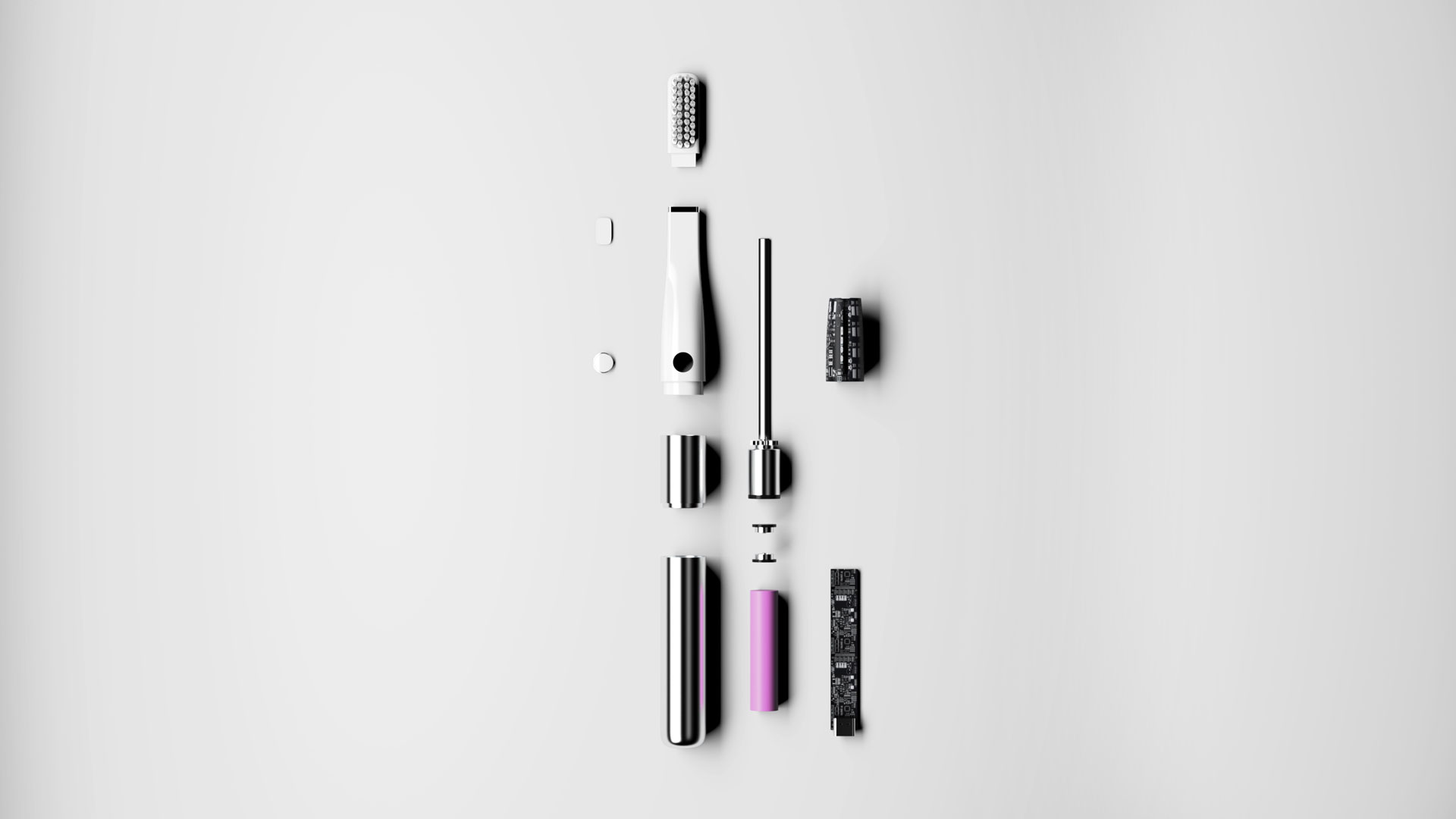 Exploded view render laid out of Way electric smart toothbrush